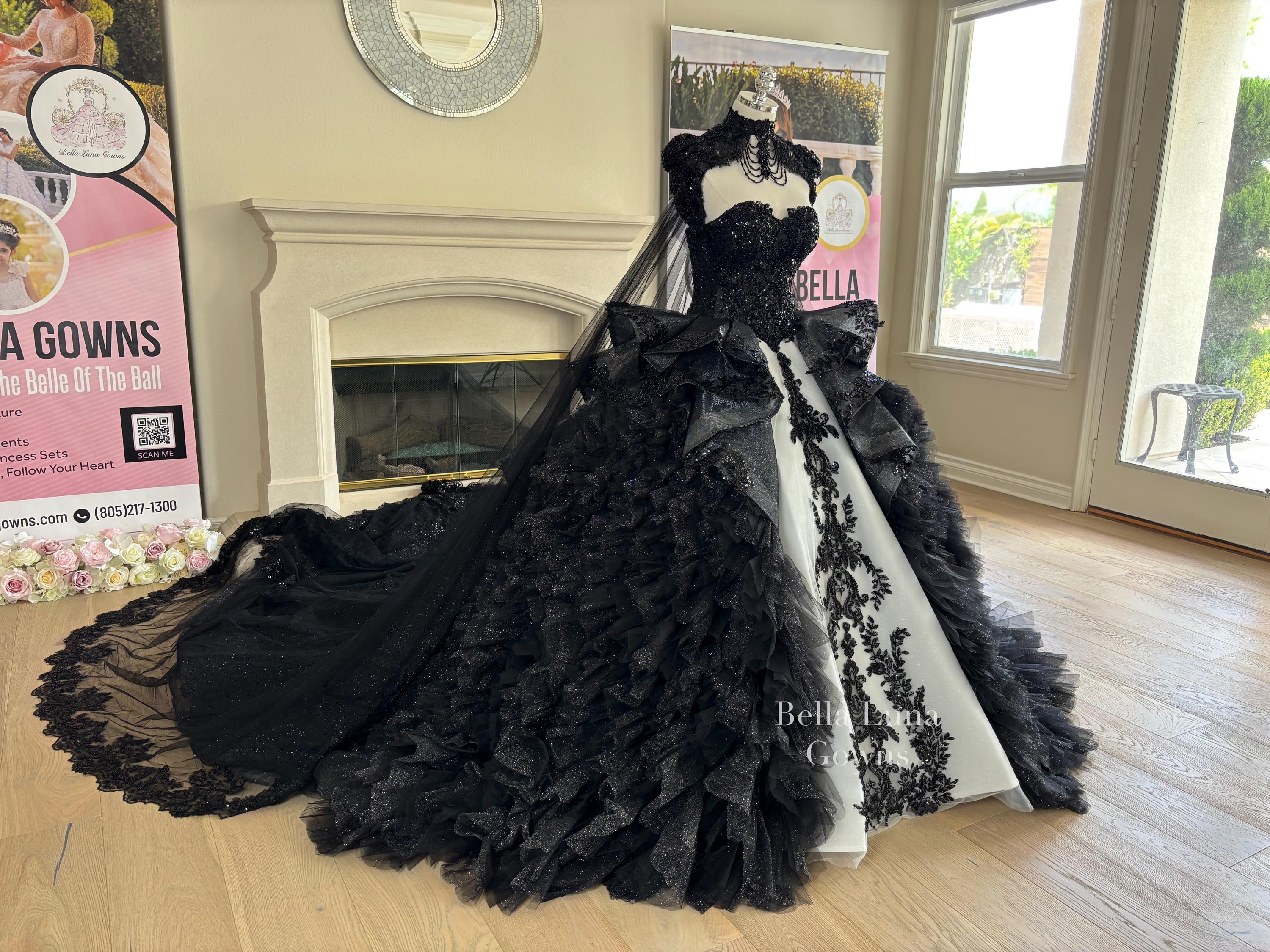 Gothic Black Lace Wedding Dress, Black Quinceañera Dress, Ruffled Overskirt Ball Gown