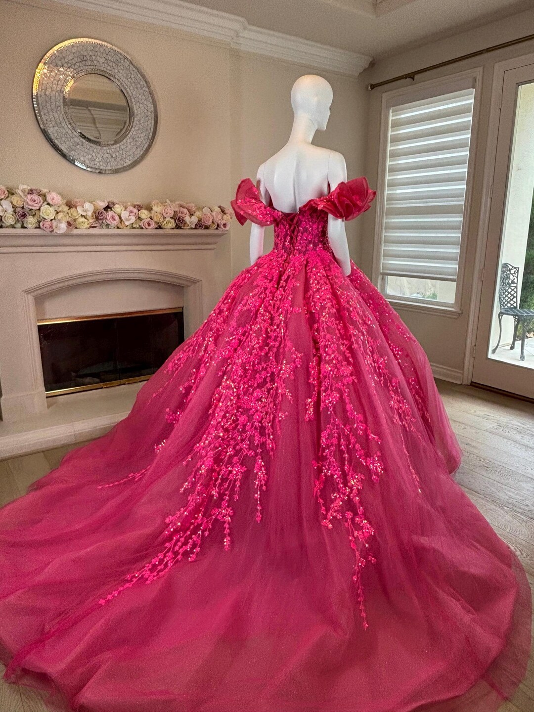 Hot Pink Fuchsia Embroidered Sequin Beaded Quinceanera Ball Gown Birthday  Dress With Ruffle off Shoulder Sleeves - Etsy