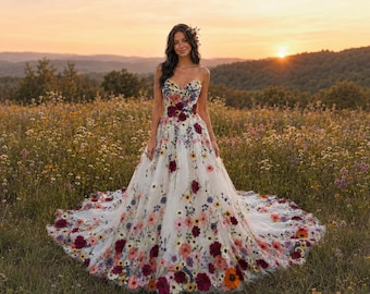 Colorful Floral Wedding Dress, 3D Embroidered Wildflower A-Line Bridal Gown, Bold Garden Wedding Dress, Unique Romantic Bridal