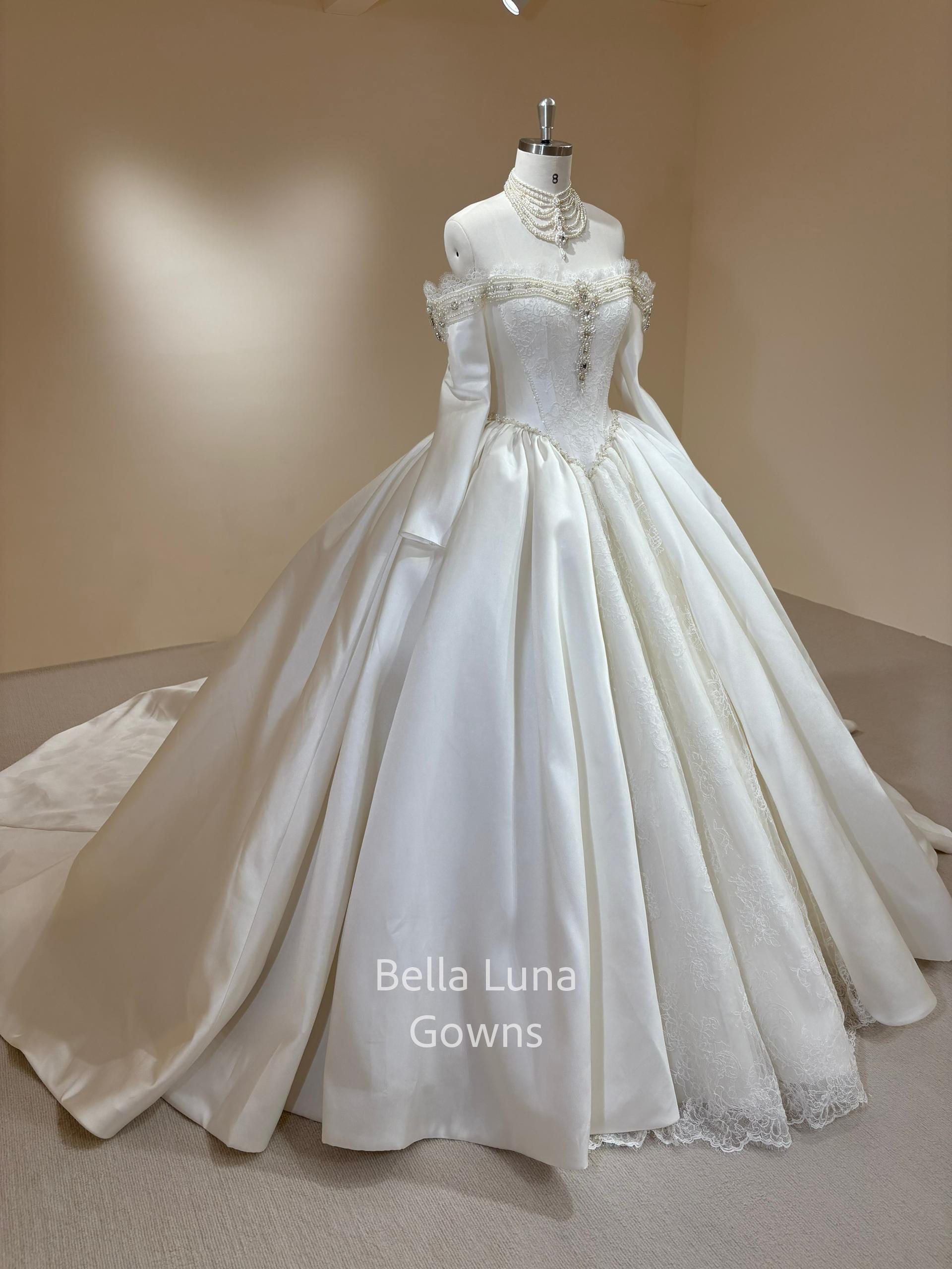 Baroque Royal Satin Ball Gown Wedding Dress, Peals Beaded, Lace Corset ...