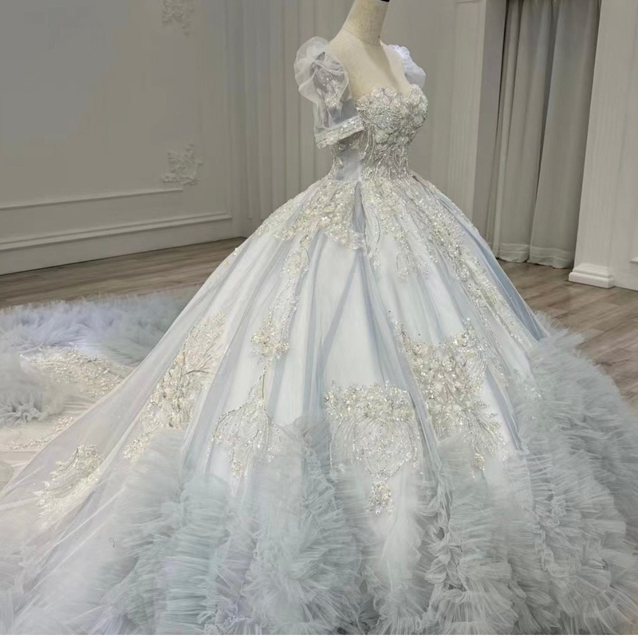 Soft Blue Luxury Sequin Beaded Lace Bridal Quinceanera Gown Wear It 3 ...