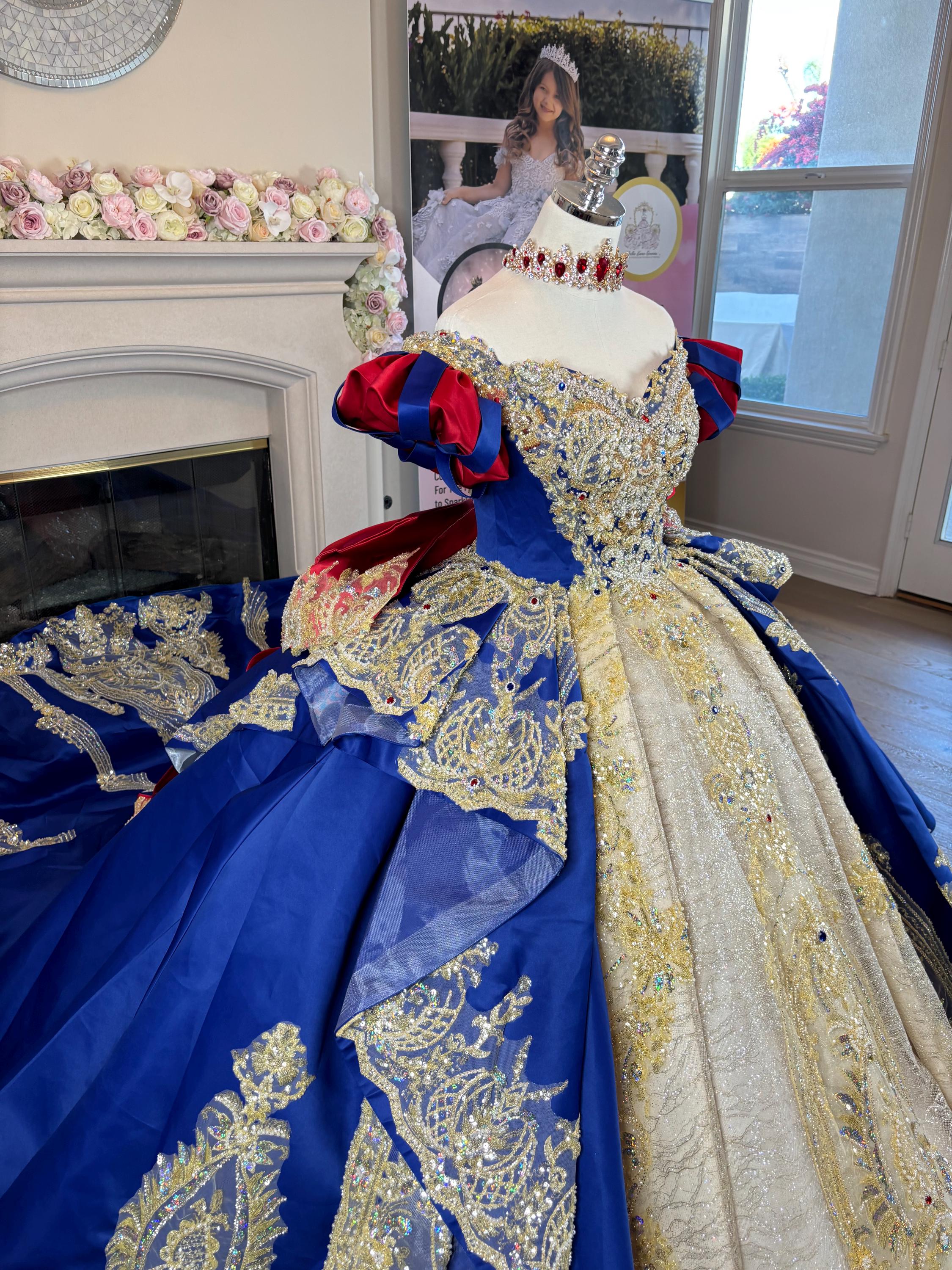 blue and gold princess dress Royal Quinceanera Ball Gown, Fairytale With Cape The detachable illusion cape