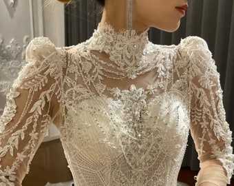 Embroidered and crystal beaded ball gown wedding dress with long sleeves, Princess style wedding gown, luxury line