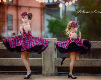Girls Christmas tutu dress, Red Plaid fabric, off shoulder sleeves, short skirt, sweetheart neckline, matching headband, shorts, doll dress