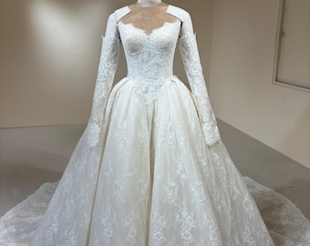 Baskische taille trouwjurk, kanten baljurk bruidsjurk, strapless prinses couture trouwjurk, klassieke kanten bruidsjurk met trein