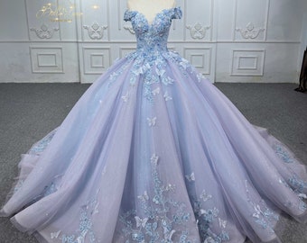 Lavender bridal Quinceanera ball gown dress, off shoulder sleeve, Crystal  pearl & sequin beaded w/3D flowers and butterflies, glitter tulle