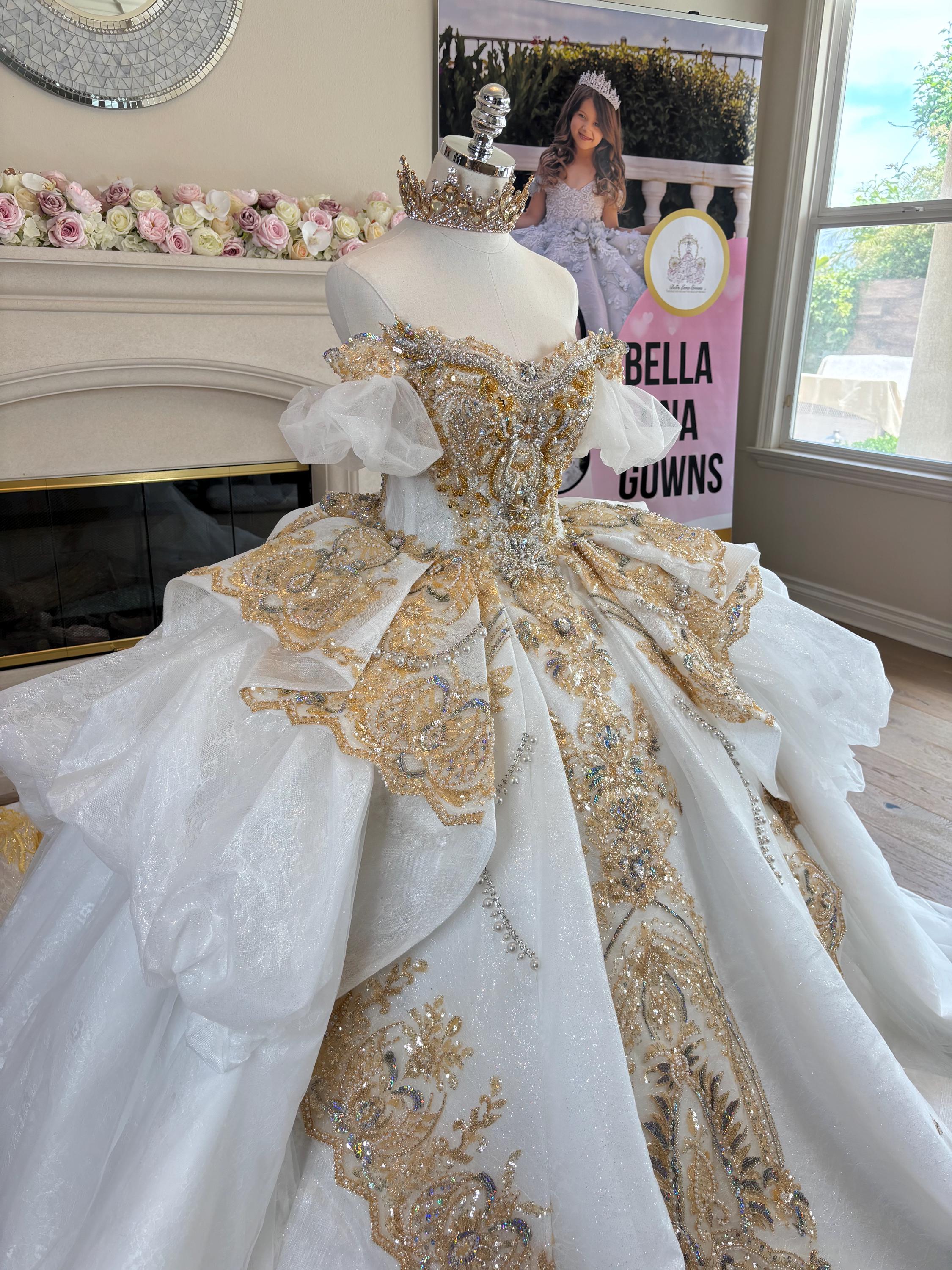 Luxury Gold Embroidered Quinceanera Ball Gown, Off-Shoulder Sleeves