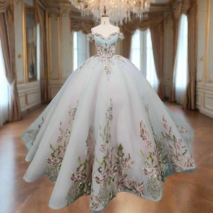 Vestido de quinceañera de lujo, de ensueño, brillante, rosa y verde azulado, vestido de noche, mangas al descubierto