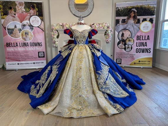 royal blue dress quinceañera with gold Quinceanera Ball Gown, Fairytale Princess Cape Shade:Mocha Luxe Complete the measurement form Sleeve Length - Long Sleeve The Calliope dress crochet