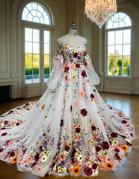 Colorful Bridal A Line Wedding Dress With Colorful Flowers