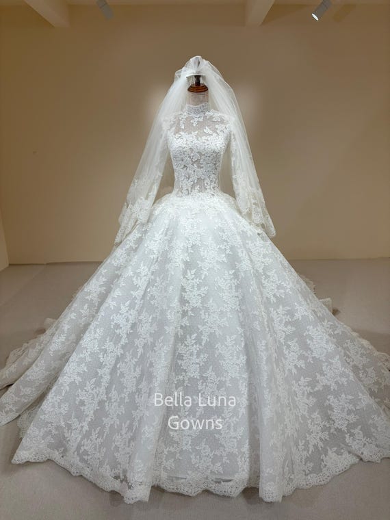 chinese dress ladies Amarra Bridal 84386 Anna Wedding Dress Mermaid V-Neck Sheer Floral Long Sleeve Train Bridal Dress 24 / All Ivory