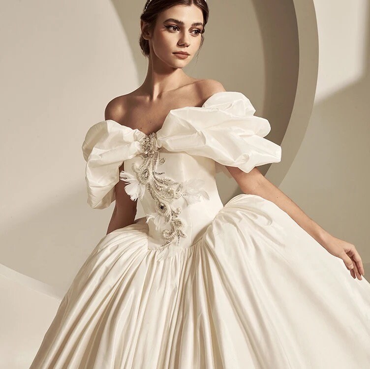 Luxury Beaded Off Shoulder Princess Wedding Ball Gown - VQ