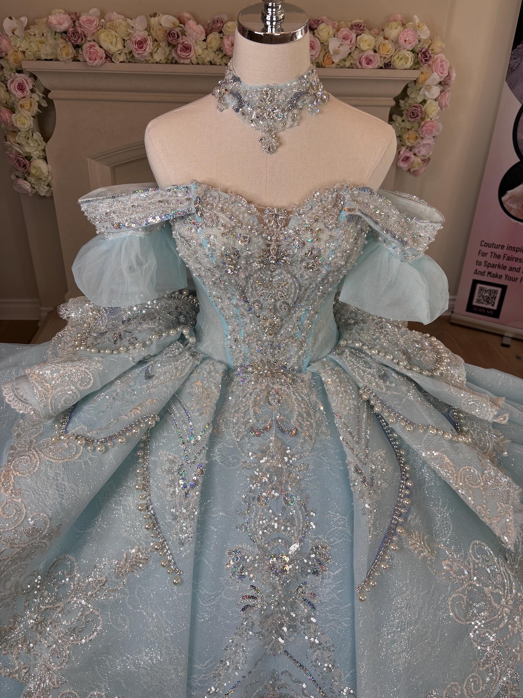 Light Blue Quinceanera Dress, Cinderella Ball Gown, Luxury Princess Quince Dress, Off Shoulder Sweetheart Corset, Beaded Couture Gown