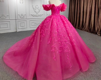 Hot pink fuchsia embroidered sequin beaded Quinceanera ball gown birthday dress with ruffle off shoulder sleeves