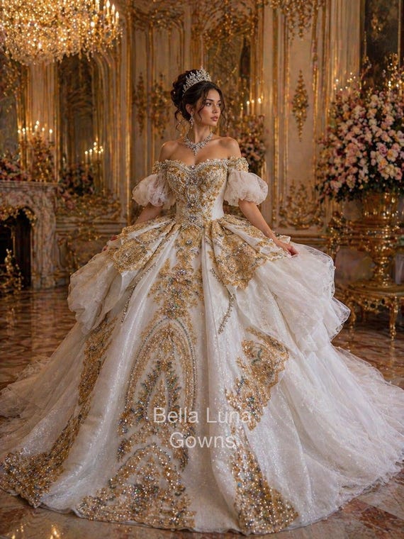 white and rose gold quinceanera dresses Rose Gold Sparkly Ball Gown Off Shoulder Dress – Lisposa main image 1