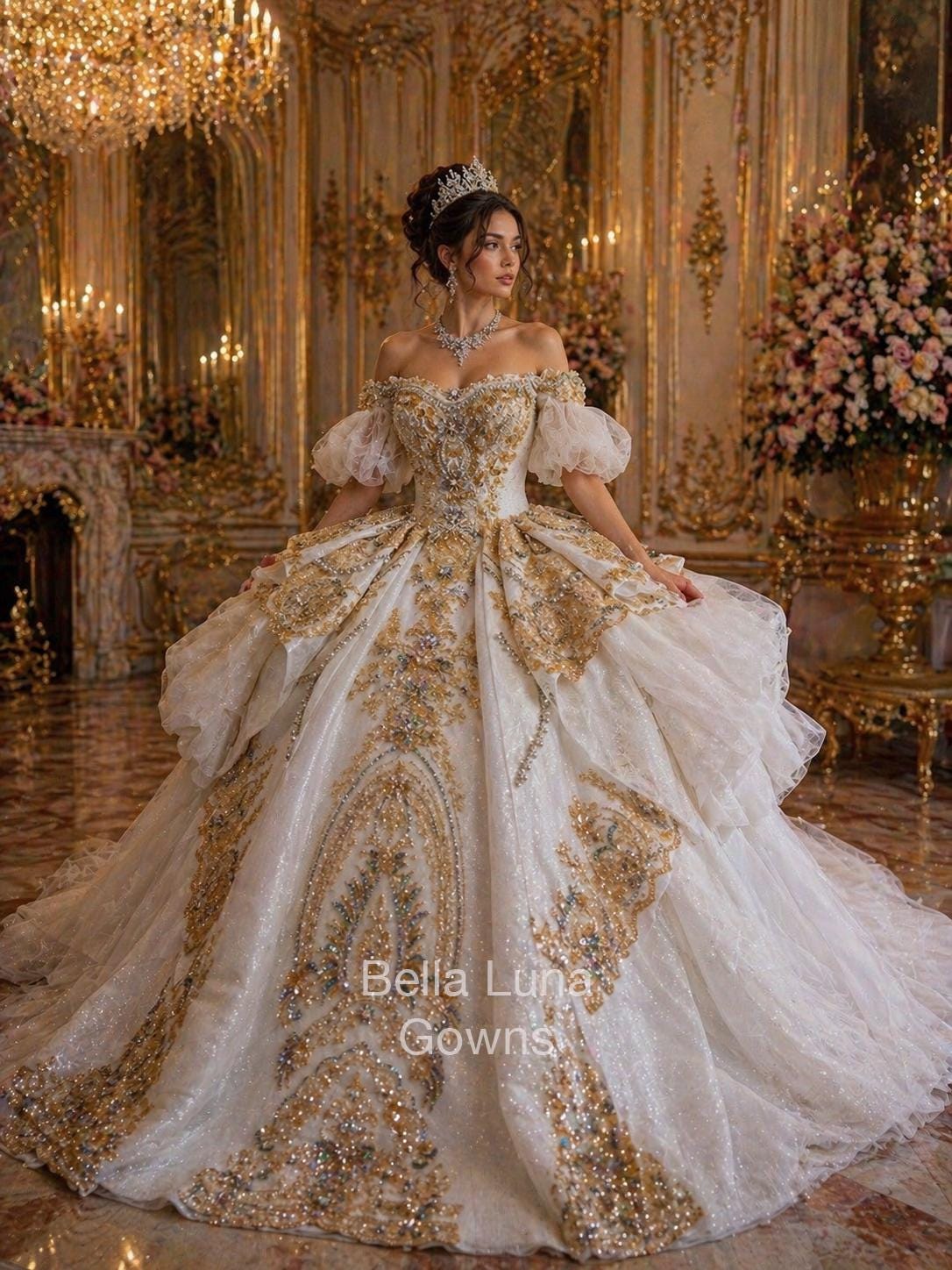 white and gold 15 dress Champagne Lace Applique Quinceanera Dresses Long Sleeve Sweet 15 Dress –  vigocouture main image 0