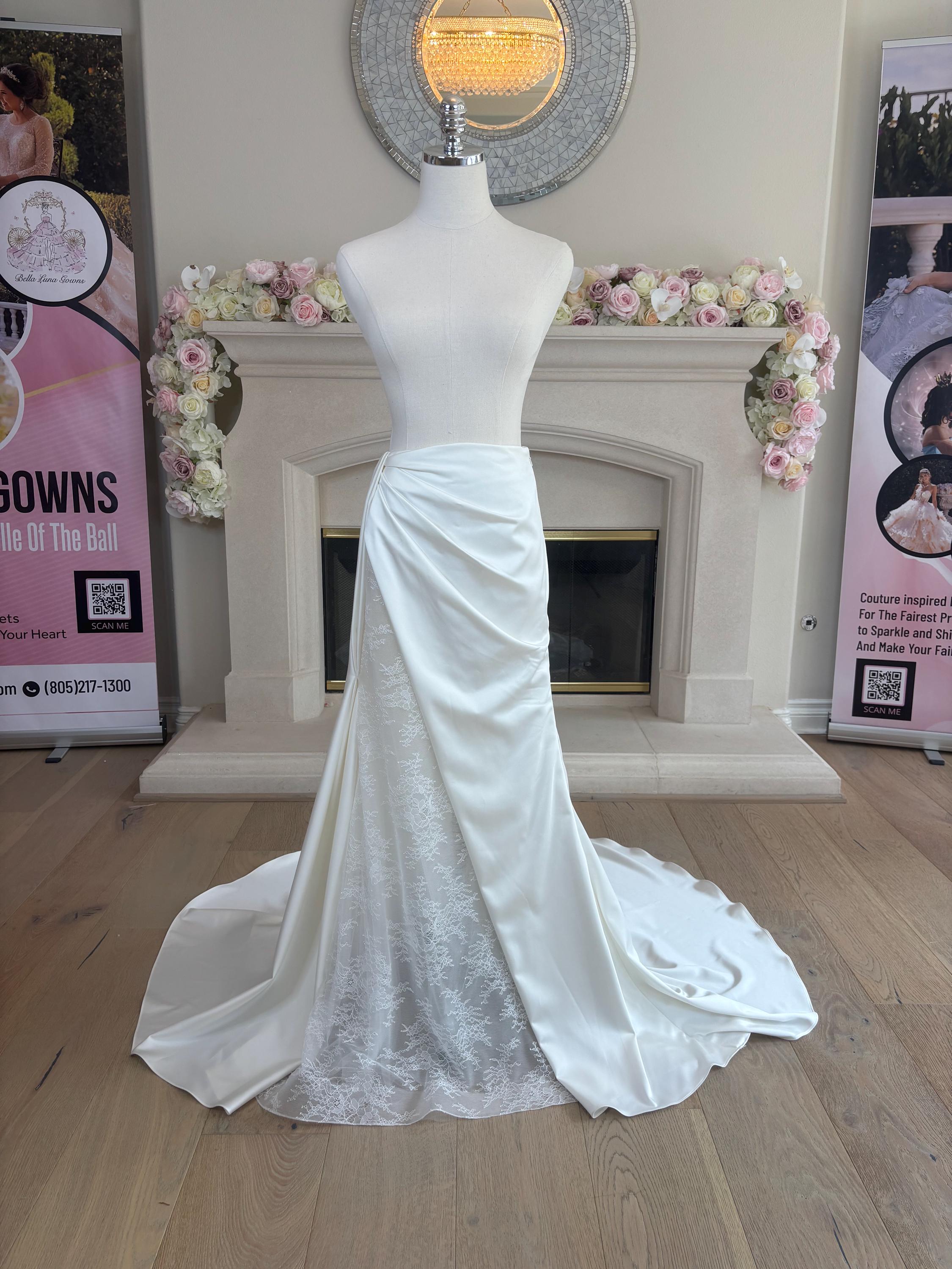 Draped Satin and Chantilly Lace White bridal Slit Skirt - bridal separates