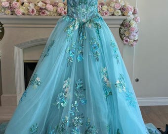 Fairytale Princess glitter Green Quinceanera Ball Gown birthday dress, pearl and sequin beaded embroidered lace, 3D flowers and butterflies