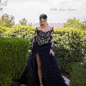 Couture Women&#39;s Sexy Black Dress with sequin beaded bodice and ruffled skirt with slit and train, Evening dress, Prom dress, cocktail dress