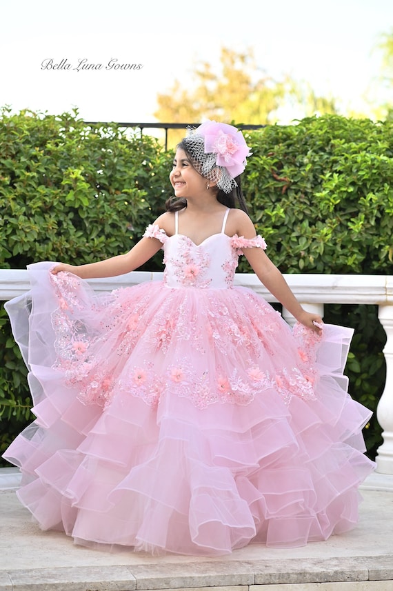 Vestido rosa para niñas, vestido tutú de fiesta de cumpleaños para niñas  florales con encaje bordado con lentejuelas y flores en 3D, vestido de  desfile, vestido de niña de las flores 