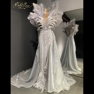 Women&#39;s Dress Gown, Evening Dress, Feathered Rhinestone Dress, Formal dress, Pageant dress, Engagement Dress, Luxury dress, Prom Dress