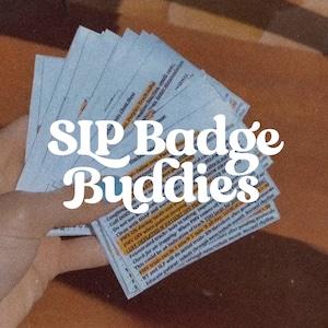 May include: A stack of blue cards with the text "SIP Badge Buddies" in white letters. The cards contain text about tracheostomy care, including instructions for cuff management, cleaning, and ventilation.