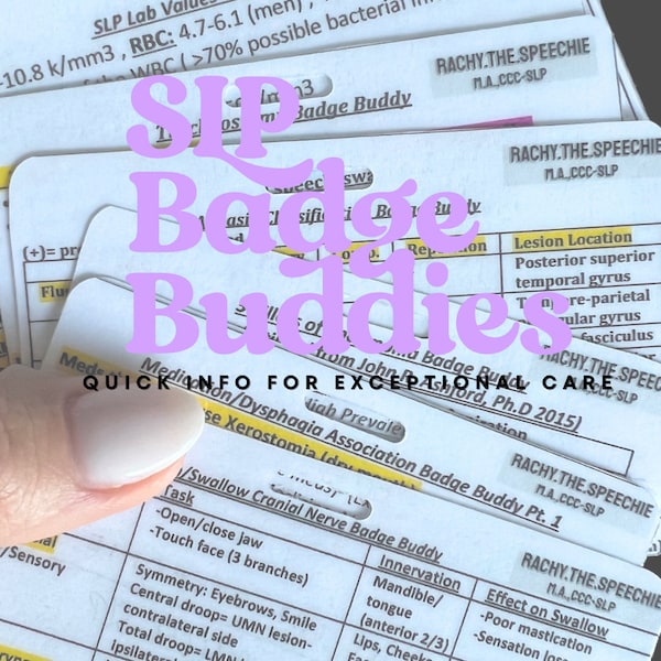 Può includere: Primo piano di una carta bianca con una tabella blu e nera che mostra un elenco di controllo per logopedisti. La carta ha il testo "Speech Language Pathology Badge Buddy" e "Quick Info for Exceptional Care" in grassetto, in nero. La tabella include le intestazioni "Compito", "Innervazione" e "Effetto sulla degluzione".