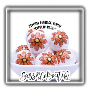 20MM Exclusive Custom Orange Daisy Flower Large Print (10 beads per pack) Acrylic Beads, Bubblegum, Chunky, Jewelry, Kid Crafts