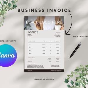 May include: A black and white business invoice template with the text "BUSINESS INVOICE" at the top. The template includes sections for invoice number, invoice date, due date, descriptions, price, quantity, amount, payment details, terms and conditions, and a thank you message. The template is customisable and can be used for a variety of businesses.