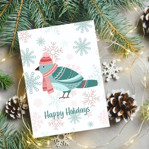 Carte de vœux hérisson oiseau des neiges, thème hiver marron/sarcelle/rose
