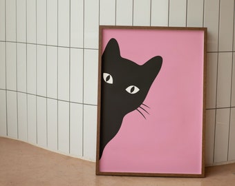 Black Cat poster, funny cat digital print, room pink decor, teen apartment decor, preppy poster, trendy print, pink poster, retro girl print