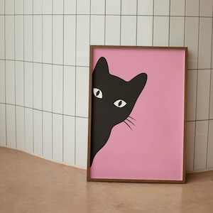 Cartel de gato negro, impresión digital de gato divertido, decoración rosa de la habitación, decoración de apartamento para adolescentes, cartel de muy buen gusto, impresión de moda, cartel rosa, impresión de chica retro