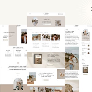 May include: A website homepage for a photography business called "Cindy Photography". The website features a light brown background with images of couples in various locations. The text "Imagine this" is displayed in a large font size. The website also includes a blog section, a contact form, and a call to action to download a free guide.