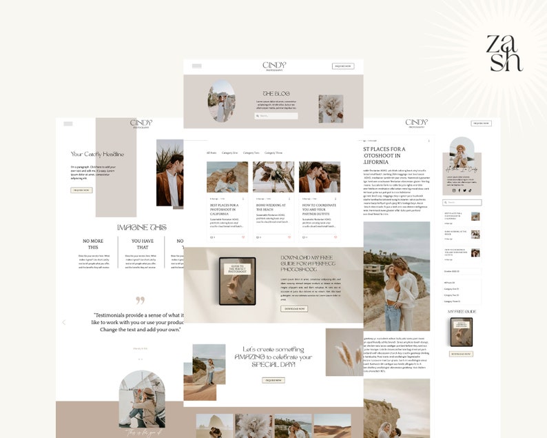 May include: A website homepage for a photography business called "Cindy Photography". The website features a light brown background with images of couples in various locations. The text "Imagine this" is displayed in a large font size. The website also includes a blog section, a contact form, and a call to action to download a free guide.