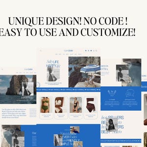 May include: A website design template for an online store selling swimwear. The template features a blue and white color scheme with images of women wearing swimwear. The text "Unique Design! No Code! Easy to Use and Customize!" is displayed at the top of the page.