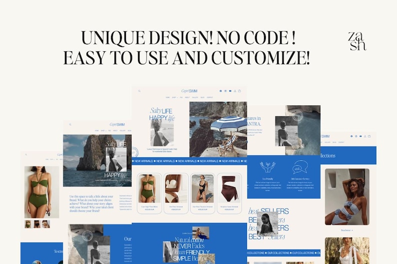 May include: A website design template for an online store selling swimwear. The template features a blue and white color scheme with images of women wearing swimwear. The text "Unique Design! No Code! Easy to Use and Customize!" is displayed at the top of the page.