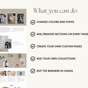 May include: A website screenshot showing the features of a website builder. The website builder allows users to change colors and fonts, add or remove sections on every page, create custom pages, add collections, and edit banners in Canva.