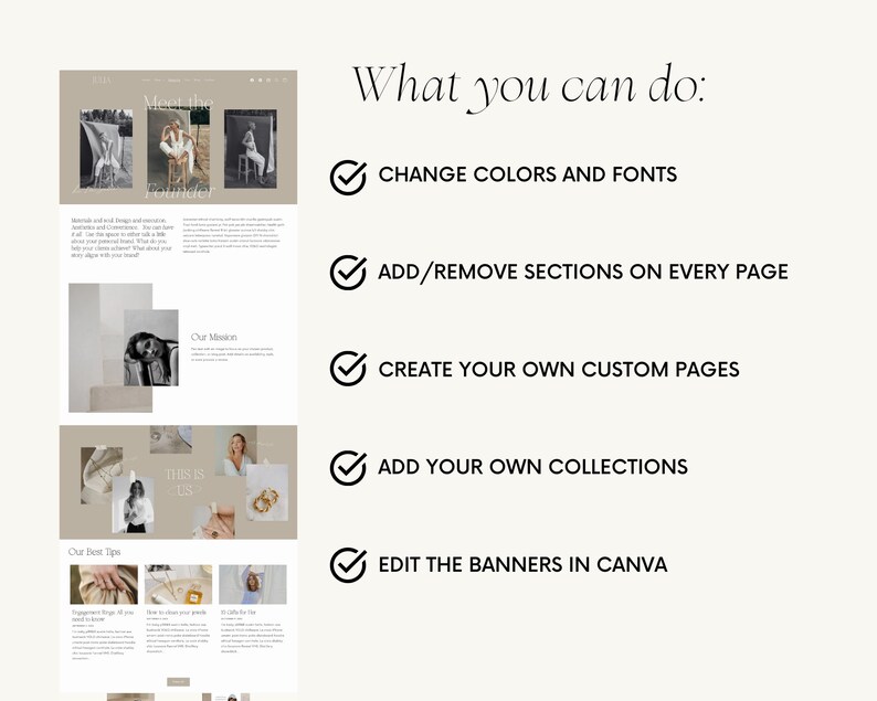 May include: A website screenshot showing the features of a website builder. The website builder allows users to change colors and fonts, add or remove sections on every page, create custom pages, add collections, and edit banners in Canva.