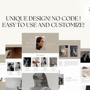 May include: Website mockup for an online jewelry store featuring a minimalist design with a focus on earrings. The website includes images of jewelry, a blog, and information about the founder. The text "New Earrings Collection" and "New Summer Collection" are visible on the website.