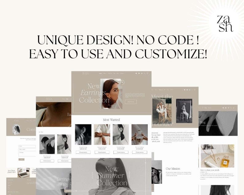 May include: Website mockup for an online jewelry store featuring a minimalist design with a focus on earrings. The website includes images of jewelry, a blog, and information about the founder. The text "New Earrings Collection" and "New Summer Collection" are visible on the website.