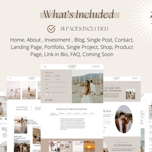 May include: A website mockup for a photography business called "Cindy". The website includes pages for home, about, investment, blog, single post, contact, landing page, portfolio, single project, shop, product page, link in bio, FAQ, and coming soon. The website is designed in a minimalist style with a neutral color palette.