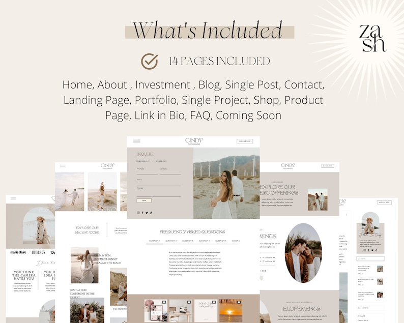 May include: A website mockup for a photography business called "Cindy". The website includes pages for home, about, investment, blog, single post, contact, landing page, portfolio, single project, shop, product page, link in bio, FAQ, and coming soon. The website is designed in a minimalist style with a neutral color palette.