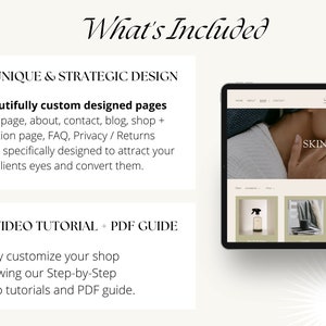 May include: A mockup of a website for a skincare brand called "Beaute". The website features a light brown background with a photo of a woman's face and the text "SKINCARE". The website also includes a product page with photos of skincare products.
