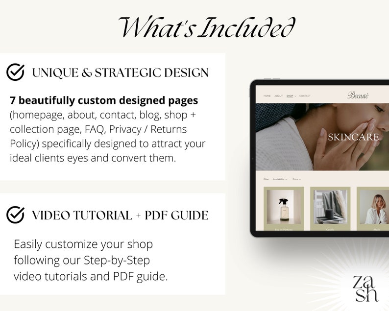 May include: A mockup of a website for a skincare brand called "Beaute". The website features a light brown background with a photo of a woman's face and the text "SKINCARE". The website also includes a product page with photos of skincare products.