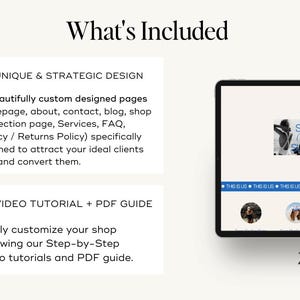 May include: A checklist with two items: "Unique & Strategic Design" and "Video Tutorial + PDF Guide". The design section describes 10 custom designed pages for an online shop. The tutorial section describes step-by-step video tutorials and a PDF guide. A screenshot of a website with the text "Fresh face SALTY Hair Ocean VIEW SUNNY Attitude" is shown.