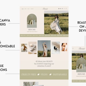 May include: A website mockup for a skincare brand called "Beaut&eacute;" featuring a green and white color scheme. The website features images of skincare products, a model wearing a white dress, and text that says "All About your BEAUTY but ALWAYS respecting our AMAZING PLANET". The website also features the text "CRUELTY FREE", "VEGAN", and "SUSTAINABLE".