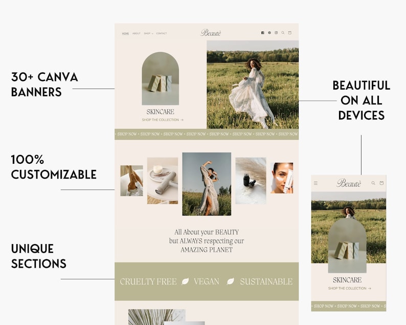 May include: A website mockup for a skincare brand called "Beaut&eacute;" featuring a green and white color scheme. The website features images of skincare products, a model wearing a white dress, and text that says "All About your BEAUTY but ALWAYS respecting our AMAZING PLANET". The website also features the text "CRUELTY FREE", "VEGAN", and "SUSTAINABLE".