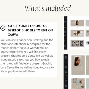 May include: A digital mockup of 40+ stylish banners for desktop and mobile devices. The banners are designed to be edited on Canva. The text "40+ STYLISH BANNERS FOR DESKTOP & MOBILE TO EDIT ON CANVA" is displayed on a white background.