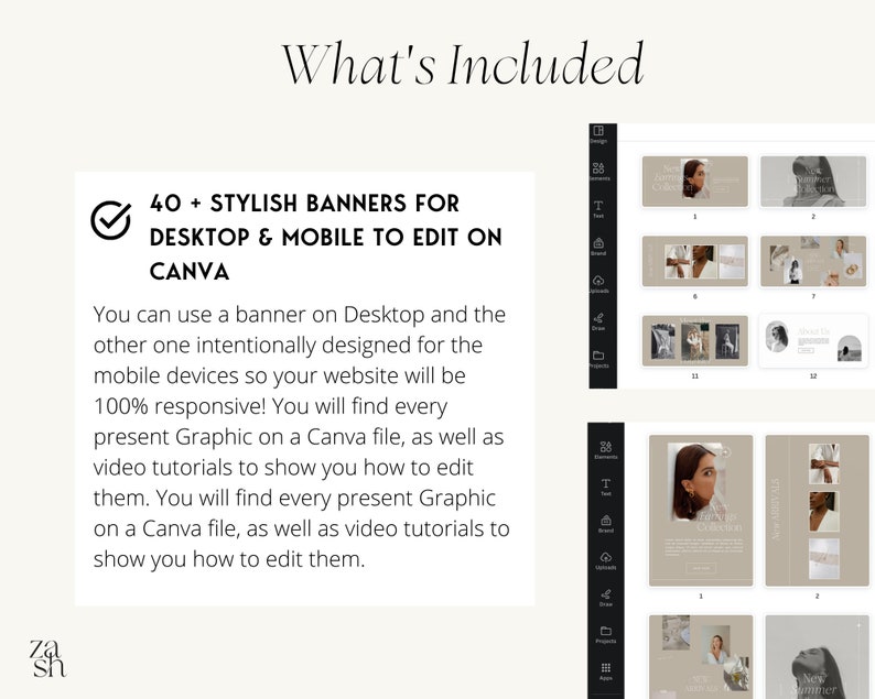 May include: A digital mockup of 40+ stylish banners for desktop and mobile devices. The banners are designed to be edited on Canva. The text "40+ STYLISH BANNERS FOR DESKTOP & MOBILE TO EDIT ON CANVA" is displayed on a white background.