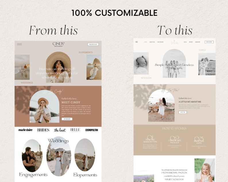 May include: A website mockup for a photography business called Cindy Photography. The website features a light brown background with a white text overlay. The website includes a header with the business name, a navigation bar, and a section with images of the photographer's work. The website also includes a section with information about the photographer and a section with pricing information.